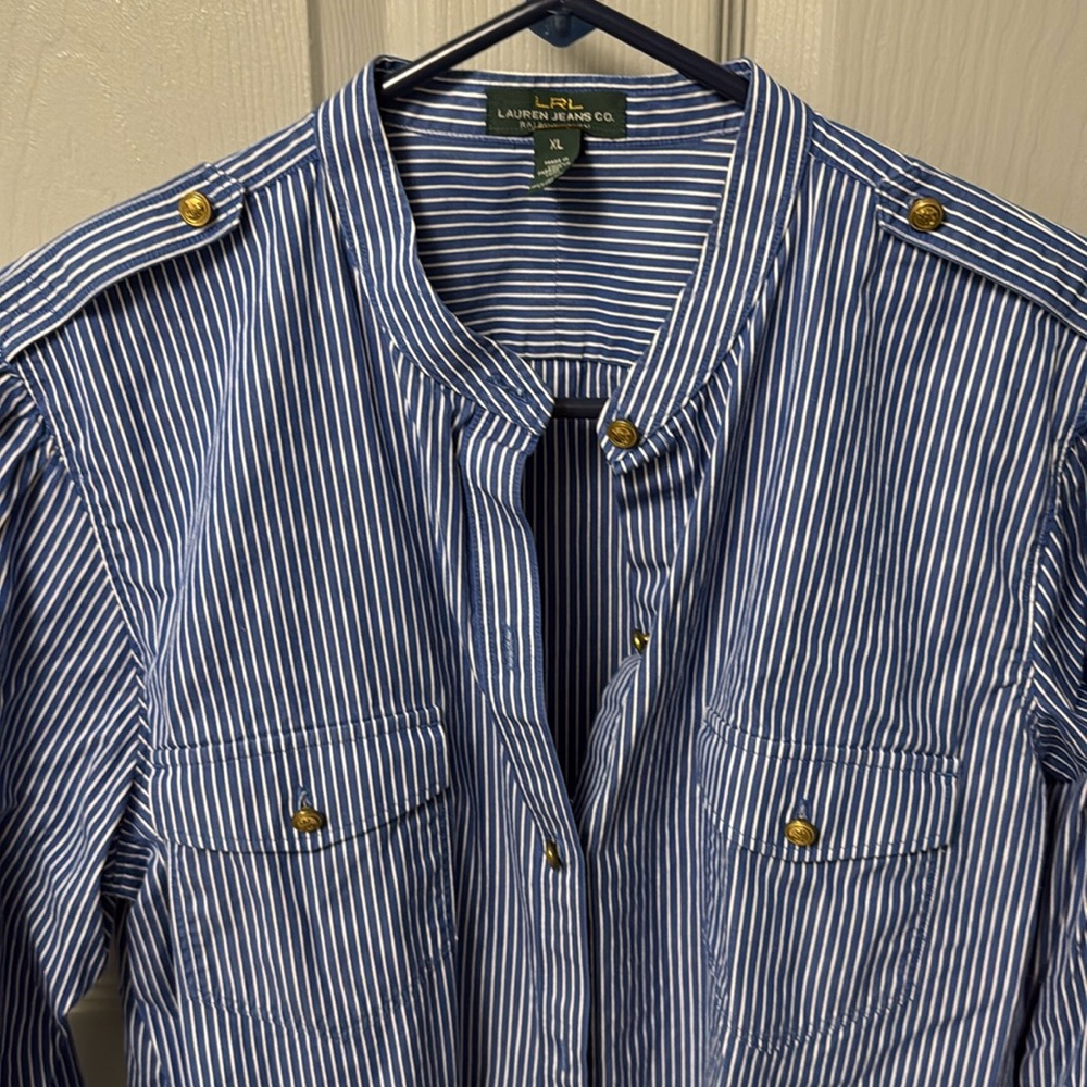 Ralph Lauren jeans co blue and white stripe captains Blouse Button Down Shirt XL